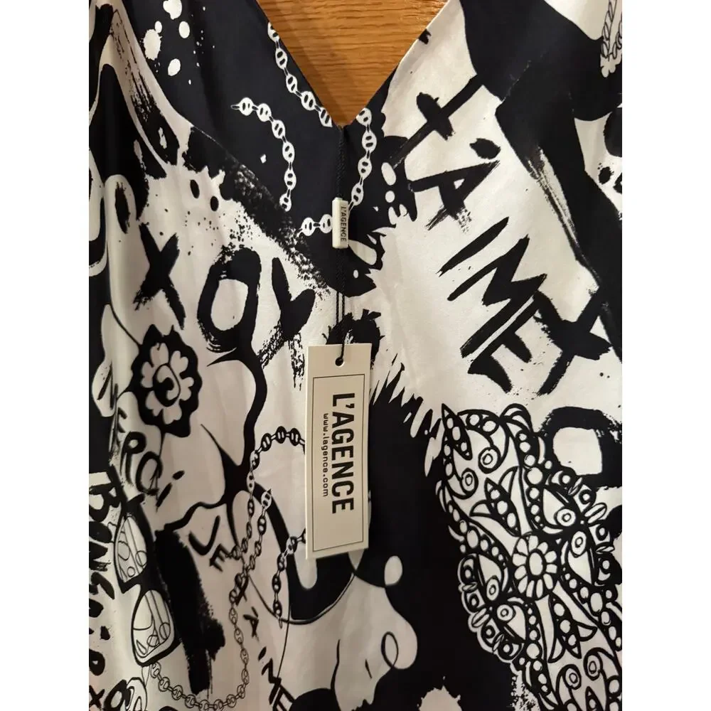L'AGENCE Seridie Silk Midi Slip Dress - Black/White Graffiti size 10 (new) - Picture 7 of 8